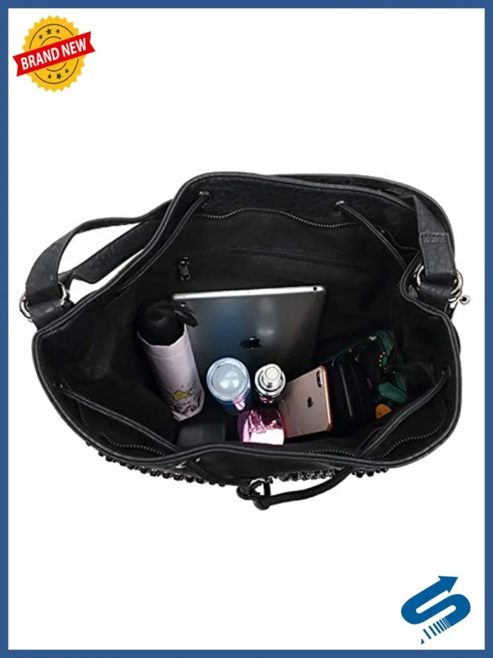 Over-size Studded Bucket Bag with Vegan Leather, 3 Ways Multifunction Backpack